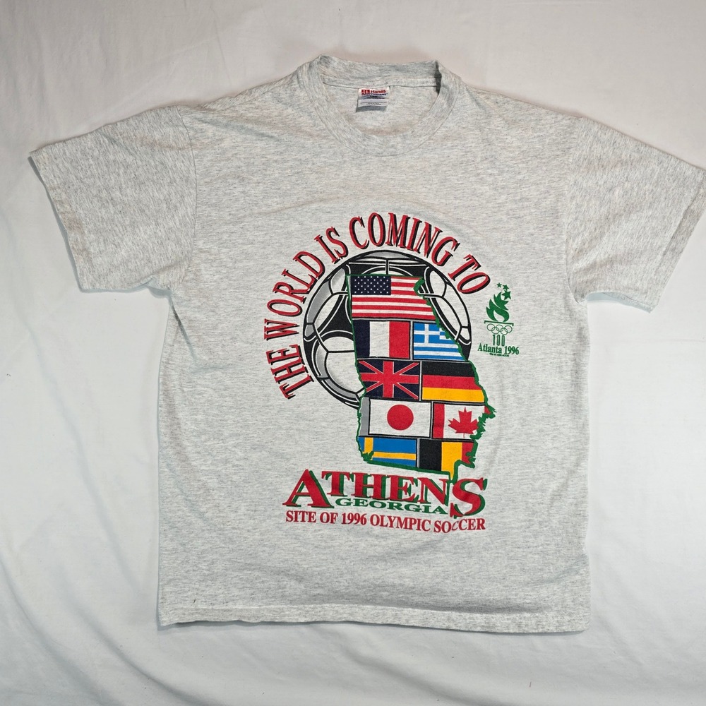 Vintage 1996 Atlanta Olympics Soccer Athens Georgia T-Shirt Hanes Gray Large